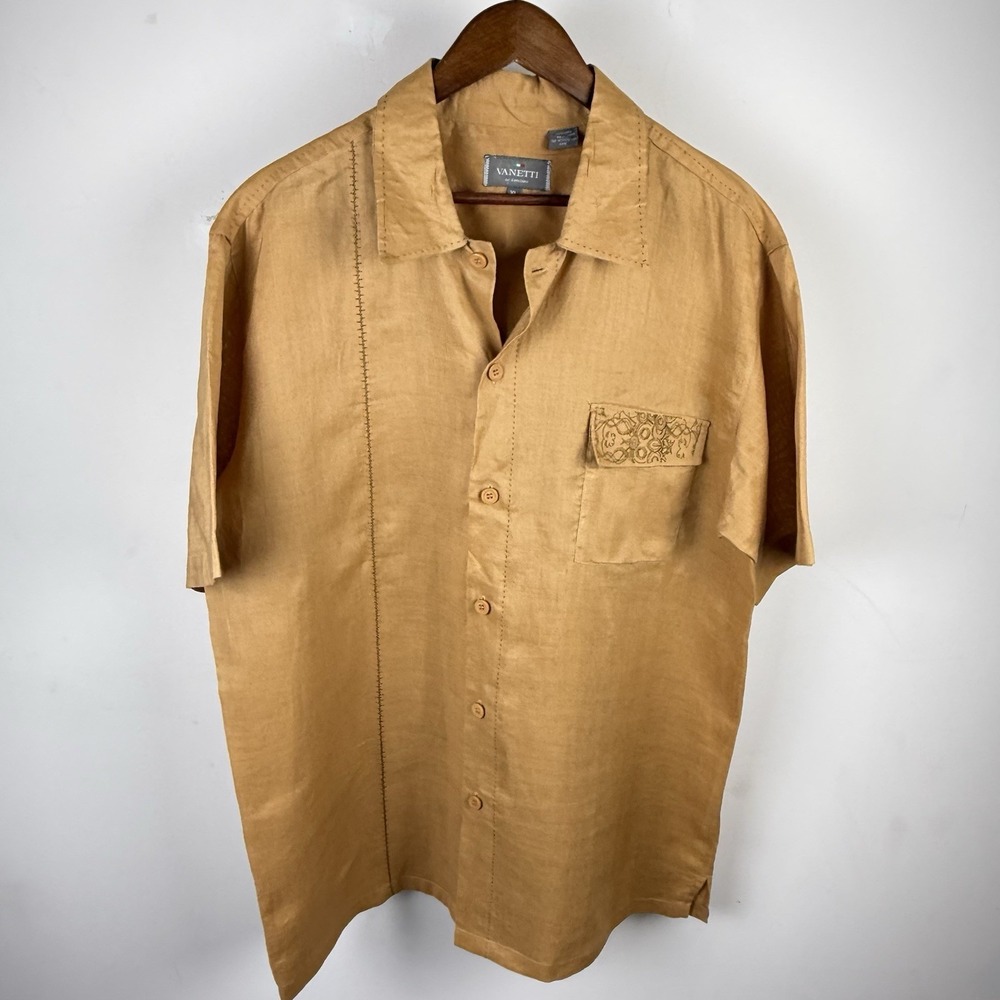 Vanetti Le Collezioni 100% Linen Short Sleeve Button Front Shirt Mens XL Tan